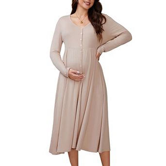 Women's Maternity Dress Button Pleated Knit Long Sleeve Photoshoot Baby Shower Pregnancy Maxi Dress