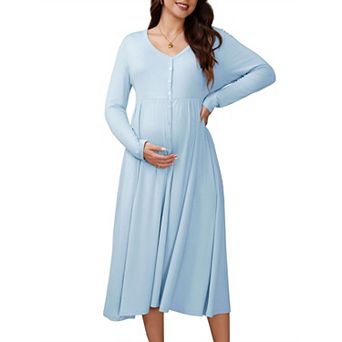 Women's Maternity Dress Button Pleated Knit Long Sleeve Photoshoot Baby Shower Pregnancy Maxi Dress