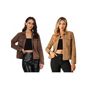 2 Packs Women's Jackets Long Sleeve Faux Suede Trucker Motorcycle Jacket