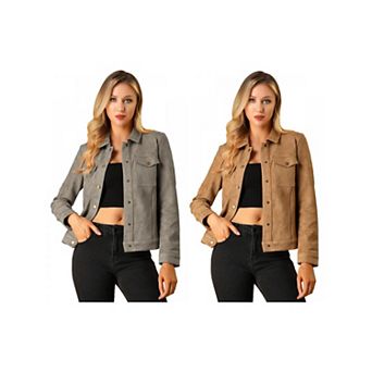 2 Packs Women's Jackets Long Sleeve Faux Suede Trucker Motorcycle Jacket