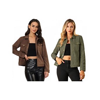 2 Packs Women's Jackets Long Sleeve Faux Suede Trucker Motorcycle Jacket