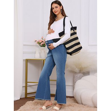 Women's Maternity Denim Bootcut Flared Jeans Stretchy Mid Rise Elastic Bell Frayed Hem Pants
