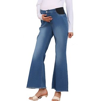 Women's Maternity Denim Bootcut Flared Jeans Stretchy Mid Rise Elastic Bell Frayed Hem Pants