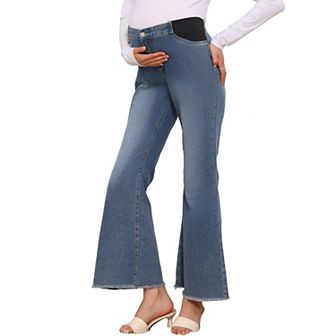 Women's Maternity Denim Bootcut Flared Jeans Stretchy Mid Rise Elastic Bell Frayed Hem Pants