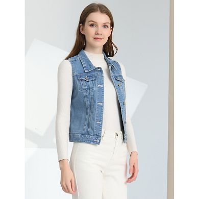 2 Packs Women's Washed Chest Flap Pockets Single Breasted Denim Vest Jacket