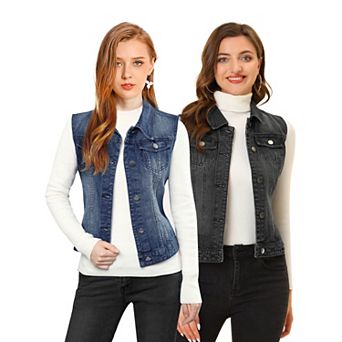 2 Packs Women's Washed Chest Flap Pockets Single Breasted Denim Vest Jacket