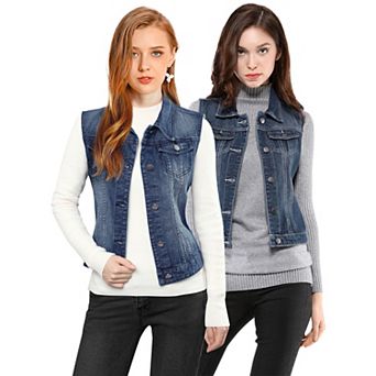 2 Packs Women's Washed Chest Flap Pockets Single Breasted Denim Vest Jacket