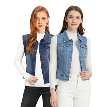 2 Packs Women's Washed Chest Flap Pockets Single Breasted Denim Vest Jacket