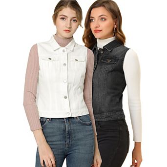 2 Packs Women's Washed Chest Flap Pockets Single Breasted Denim Vest Jacket