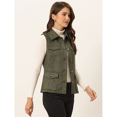 2 Packs Women's Rustic Sleeveless Jacket Button Up Faux Suede Utility Anorak Cargo Vest