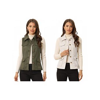 2 Packs Women's Rustic Sleeveless Jacket Button Up Faux Suede Utility Anorak Cargo Vest