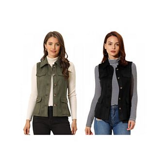 2 Packs Women's Rustic Sleeveless Jacket Button Up Faux Suede Utility Anorak Cargo Vest