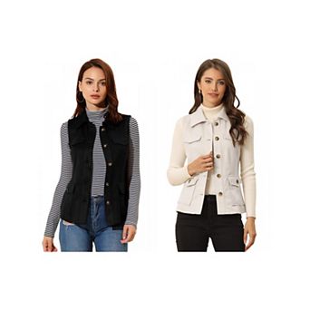 2 Packs Women's Rustic Sleeveless Jacket Button Up Faux Suede Utility Anorak Cargo Vest