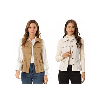 2 Packs Women's Rustic Sleeveless Jacket Button Up Faux Suede Utility Anorak Cargo Vest