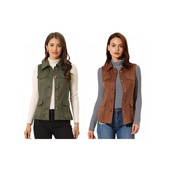 2 Packs Women's Rustic Sleeveless Jacket Button Up Faux Suede Utility Anorak Cargo Vest