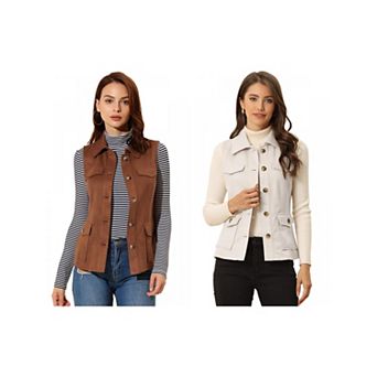 2 Packs Women's Rustic Sleeveless Jacket Button Up Faux Suede Utility Anorak Cargo Vest