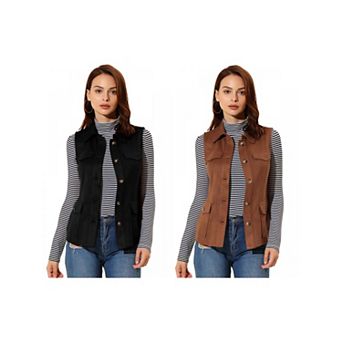 2 Packs Women's Rustic Sleeveless Jacket Button Up Faux Suede Utility Anorak Cargo Vest