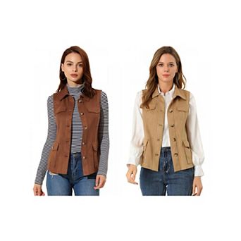 2 Packs Women's Rustic Sleeveless Jacket Button Up Faux Suede Utility Anorak Cargo Vest