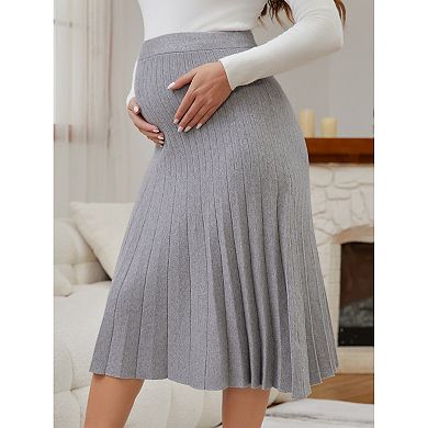 Women's Maternity Sweater Skirt A Line Over the Belly Knit Midi Pregnancy Pleated Skirts