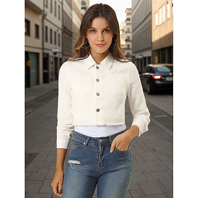 2 Packs Women's Long Sleeves Button up Frayed Hem Cropped Denim Jacket