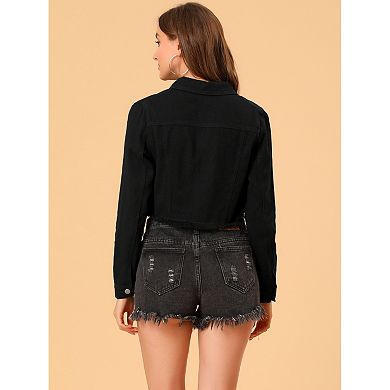 2 Packs Women's Long Sleeves Button up Frayed Hem Cropped Denim Jacket