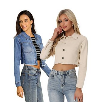 2 Packs Women's Long Sleeves Button up Frayed Hem Cropped Denim Jacket