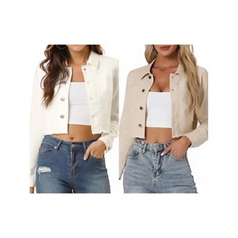 2 Packs Women's Long Sleeves Button up Frayed Hem Cropped Denim Jacket