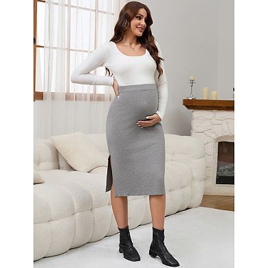 Women's Maternity Sweater Midi Skirt Stretchy Bodycon Elastic High Waist Side Split Bottom