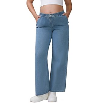 Women's Maternity Jeans Elastic Waist Wide Leg Long Loose Pregnancy Denim Pants with Pockets
