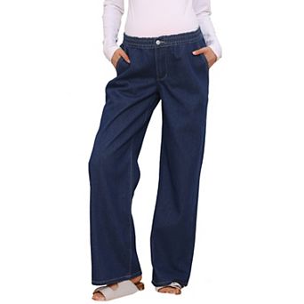 Women's Maternity Jeans Elastic Waist Wide Leg Long Loose Pregnancy Denim Pants with Pockets