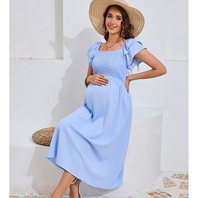 Womens Maternity Flutter Short Sleeve Smocked Summer Casual Dress Square Neck Boho Maxi Dress