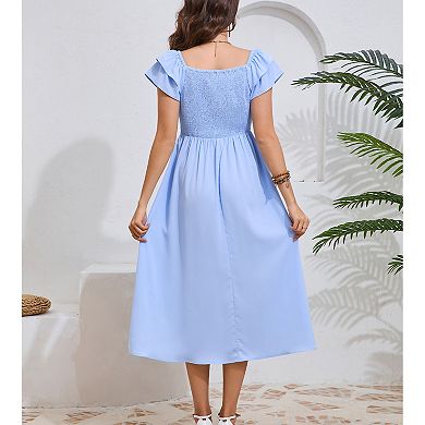 Womens Maternity Flutter Short Sleeve Smocked Summer Casual Dress Square Neck Boho Maxi Dress