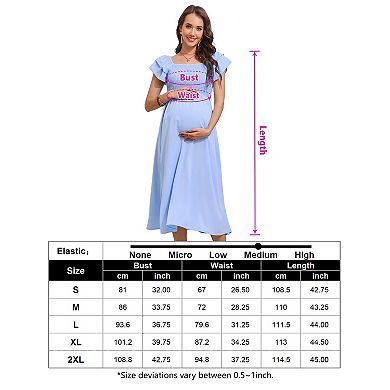 Womens Maternity Flutter Short Sleeve Smocked Summer Casual Dress Square Neck Boho Maxi Dress