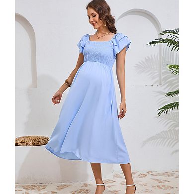 Womens Maternity Flutter Short Sleeve Smocked Summer Casual Dress Square Neck Boho Maxi Dress