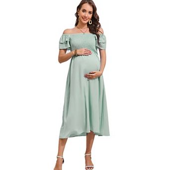 Womens Maternity Flutter Short Sleeve Smocked Summer Casual Dress Square Neck Boho Maxi Dress