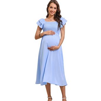 Womens Maternity Flutter Short Sleeve Smocked Summer Casual Dress Square Neck Boho Maxi Dress