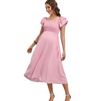 Womens Maternity Flutter Short Sleeve Smocked Summer Casual Dress Square Neck Boho Maxi Dress