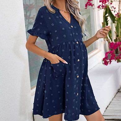 Womens Maternity V Neck Lantern Sleeve Jacquard Dot Pocket Babydoll Baby Shower Dress