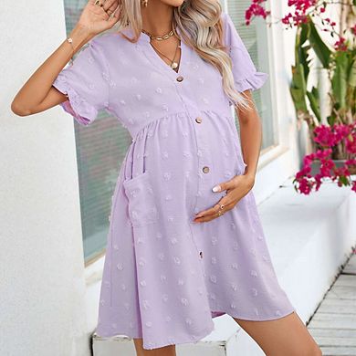 Womens Maternity V Neck Lantern Sleeve Jacquard Dot Pocket Babydoll Baby Shower Dress