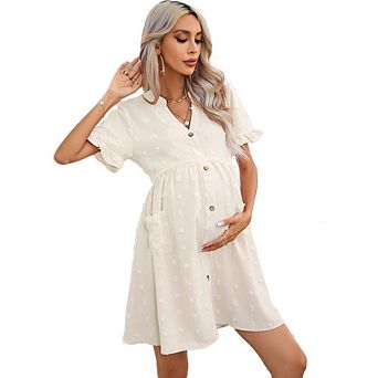 Womens Maternity V Neck Lantern Sleeve Jacquard Dot Pocket Babydoll Baby Shower Dress