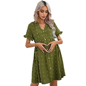 Womens Maternity V Neck Lantern Sleeve Jacquard Dot Pocket Babydoll Baby Shower Dress