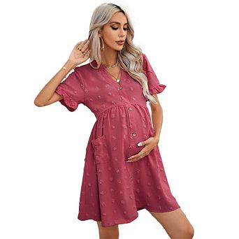 Womens Maternity V Neck Lantern Sleeve Jacquard Dot Pocket Babydoll Baby Shower Dress