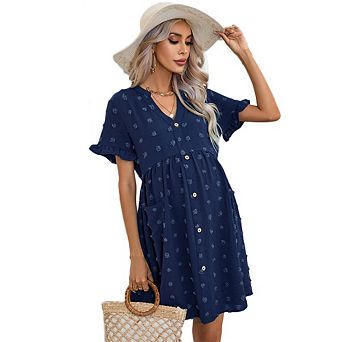 Womens Maternity V Neck Lantern Sleeve Jacquard Dot Pocket Babydoll Baby Shower Dress