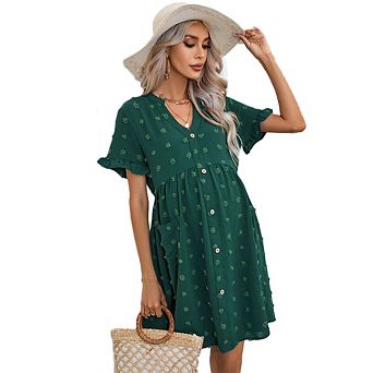 Womens Maternity V Neck Lantern Sleeve Jacquard Dot Pocket Babydoll Baby Shower Dress