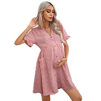 Womens Maternity V Neck Lantern Sleeve Jacquard Dot Pocket Babydoll Baby Shower Dress