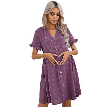Womens Maternity V Neck Lantern Sleeve Jacquard Dot Pocket Babydoll Baby Shower Dress