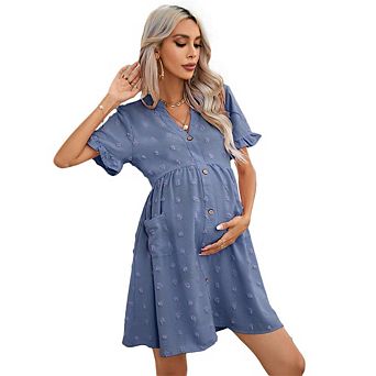 Womens Maternity V Neck Lantern Sleeve Jacquard Dot Pocket Babydoll Baby Shower Dress