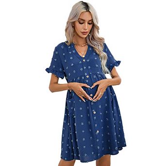 Womens Maternity V Neck Lantern Sleeve Jacquard Dot Pocket Babydoll Baby Shower Dress