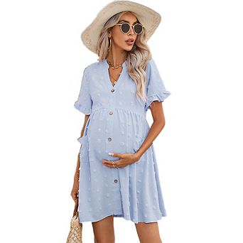 Womens Maternity V Neck Lantern Sleeve Jacquard Dot Pocket Babydoll Baby Shower Dress