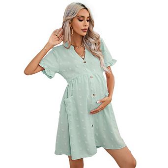 Womens Maternity V Neck Lantern Sleeve Jacquard Dot Pocket Babydoll Baby Shower Dress